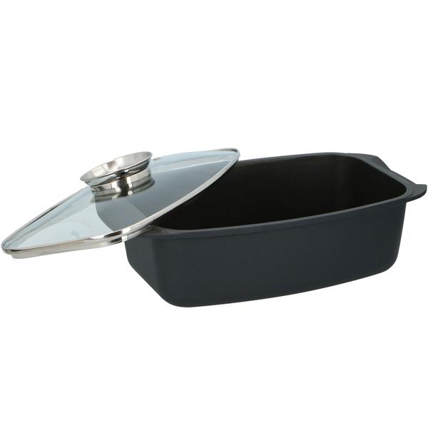 Aromabräter 5.5L – Premium Schmorbräter mit Glasdeckel & Aroma-Knopf. Perfekt für Ofen, Braten, Geflügel, Aufläufe. Spülmaschinenfest, antihaft