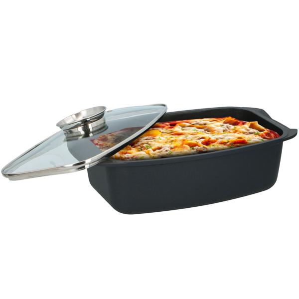 Aromabräter 5.5L – Premium Schmorbräter mit Glasdeckel & Aroma-Knopf. Perfekt für Ofen, Braten, Geflügel, Aufläufe. Spülmaschinenfest, antihaft