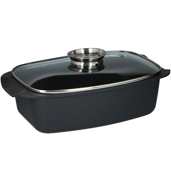 Aromabräter 5.5L – Premium Schmorbräter mit Glasdeckel & Aroma-Knopf. Perfekt für Ofen, Braten, Geflügel, Aufläufe. Spülmaschinenfest, antihaft