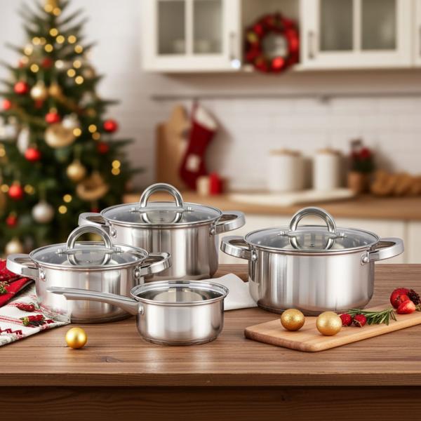 Professional 7-piece stainless steel pot set with glass lid – high-quality cooking pot set for induction & hob – gloss finish & rounded handles