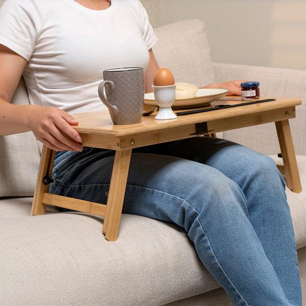 Edler Bambus Laptoptisch Klappbar, Höhenverstellbar mit Becherhalter & Tablet Schlitz – Flexibler Betttisch für Laptop, Frühstück & Essen