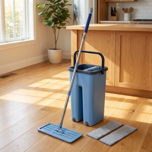Bodenwischer Set: Eimer 6L mit 2 Fächern & Wischmopp 360°, inkl. 2x Mikrofaser Ersatzbezug - Nass & Trocken Reinigung aller Boden-Typen - Platzsparend