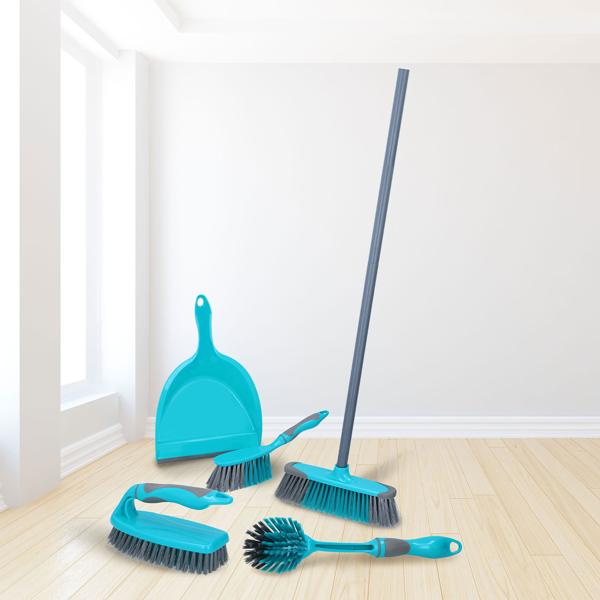 Umfassendes 5tlg. Reinigungsset – Stabiles, vielseitiges & effizientes Putzset für Haushalt, Wohnung, Küche, Bad & Boden – Besen, Kehrset, Bürsten
