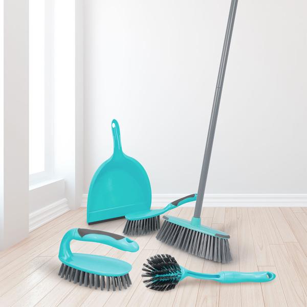 Umfassendes 5tlg. Reinigungsset – Stabiles, vielseitiges & effizientes Putzset für Haushalt, Wohnung, Küche, Bad & Boden – Besen, Kehrset, Bürsten