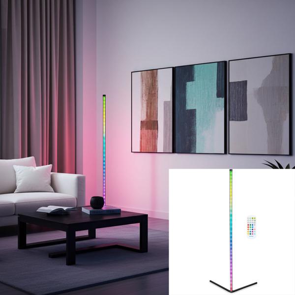 RGB Ecklampe mit dynamischem Musik-Sensor, warmweiss & farbig, 140cm Stehleuchte, Steuerung per Fernbedienung. Perfekt für Wohnzimmer & Gaming
