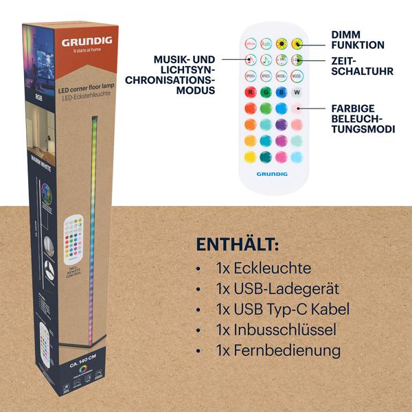 RGB Ecklampe mit dynamischem Musik-Sensor, warmweiss & farbig, 140cm Stehleuchte, Steuerung per Fernbedienung. Perfekt für Wohnzimmer & Gaming