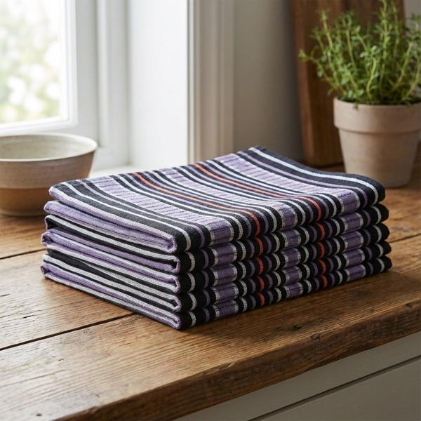 Set of 5 huck towels 100% cotton: highly absorbent dish towel & multipurpose cloth, purple-black - robust drying towel for home & catering