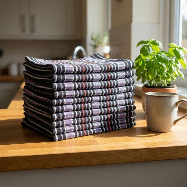 10-Pack Huck Towel 100% Cotton: Absorbent Dish Towel & Multipurpose Cloth, purple-black - Robust Drying Towel for Home & Catering
