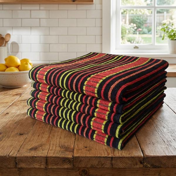 Set of 5 tea towels 100% cotton: Absorbent tea towel & multipurpose cloth, red-black - Robust drying towel for home & catering