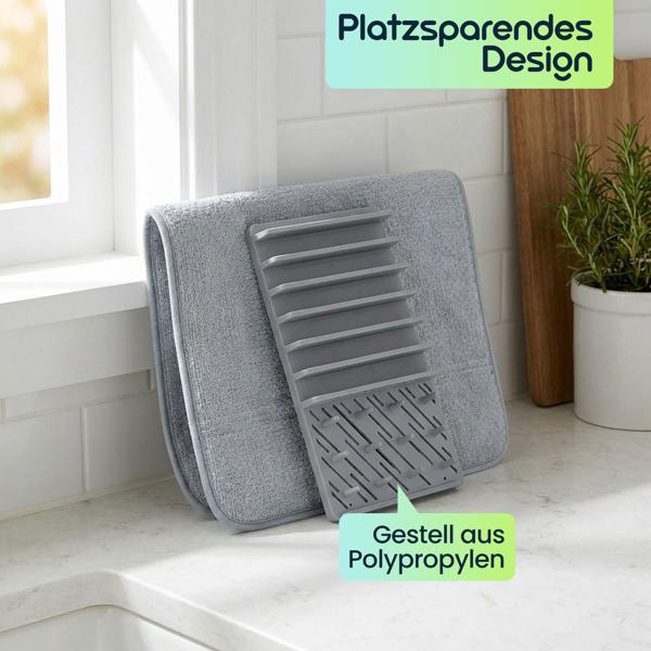 Praktisches Abtropfgestell & Saugstarke Mikrofaser-Abtropfmatte, hellgrau – Platzsparendes Abtropftuch Set für schnelles Trocknen von Geschirr