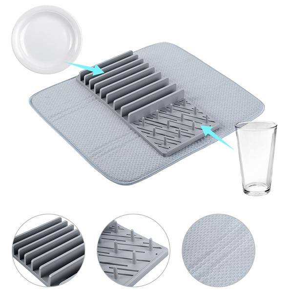 Praktisches Abtropfgestell & Saugstarke Mikrofaser-Abtropfmatte, hellgrau – Platzsparendes Abtropftuch Set für schnelles Trocknen von Geschirr