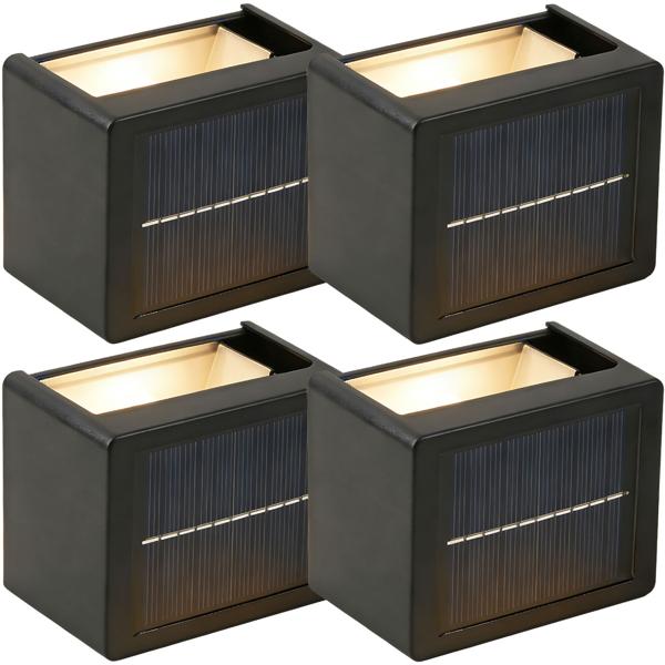 Lot de 4 appliques murales solaires LED pour extérieur : lampe de jardin blanc chaud/blanc froid avec batterie et capteur, IP44 étanche, projecteur décoratif pour clôture et mur