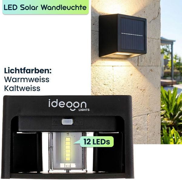 4er Set LED Solar Wandleuchte für Aussen: Warmweiss/Kaltweiss Garten-Lampe mit Akku & Sensor, IP44 Wasserfest, Deko Strahler für Zaun & Wand