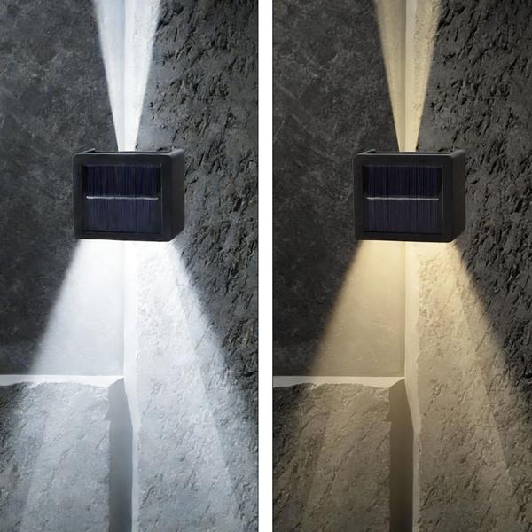 Lot de 4 appliques murales solaires LED pour extérieur : lampe de jardin blanc chaud/blanc froid avec batterie et capteur, IP44 étanche, projecteur décoratif pour clôture et mur