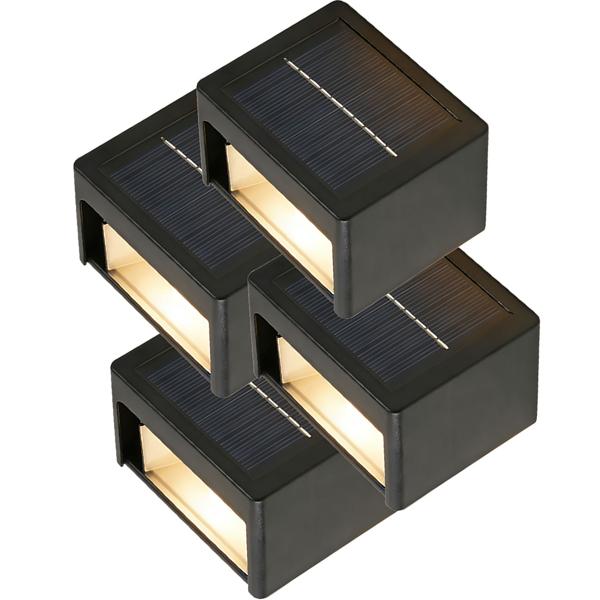 Lot de 4 appliques murales solaires LED pour extérieur : lampe de jardin blanc chaud/blanc froid avec batterie et capteur, IP44 étanche, projecteur décoratif pour clôture et mur