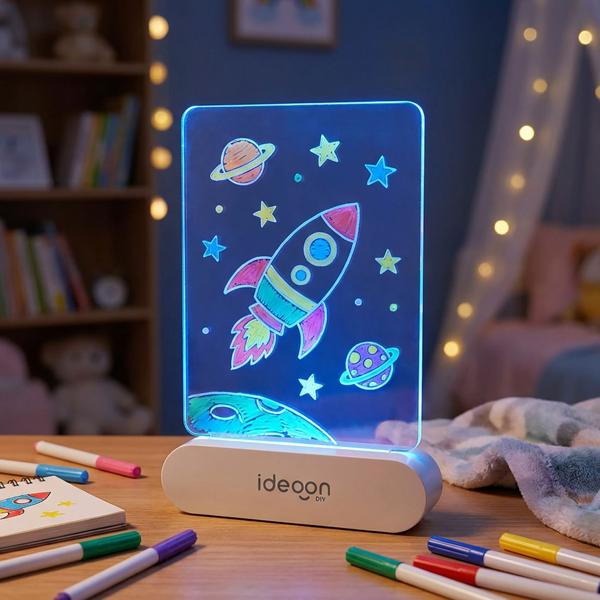 Creative LED acrylic drawing board for children: Wireless DIY lamp with battery & 7 coloured pens – The perfect glowing gift for little artists, 22 x 15 cm
