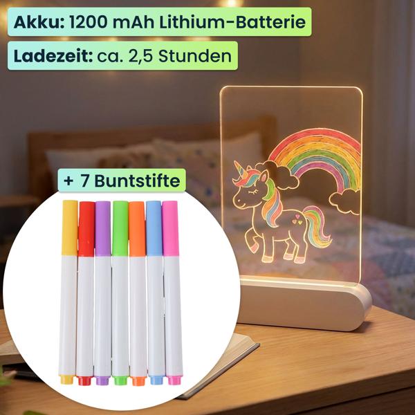 Kreative LED Acryl Maltafel für Kinder: Kabellose DIY Lampe mit Akku & 7 Buntstifte – Das perfekte Leucht-Geschenk für kleine Künstler 22x15cm