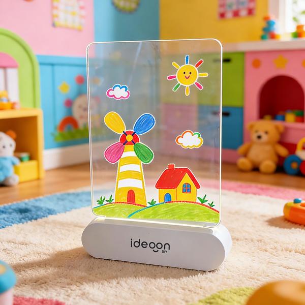 Set of 2 Creative LED Acrylic Drawing Boards for Children: Wireless DIY Lamp with Battery & 7 Coloured Pencils – The perfect glowing gift for little artists 22 x 15 cm