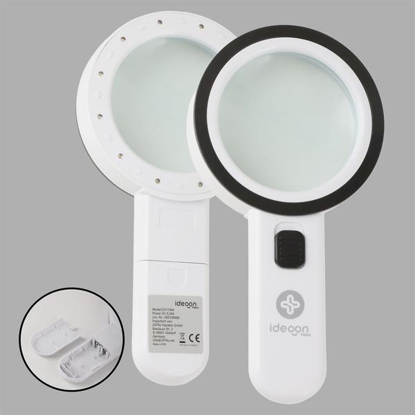 LED handheld magnifier with light, 5x magnification, 80 mm glass lens, 12 bright LEDs, ergonomic handle with switch, reading magnifier for seniors