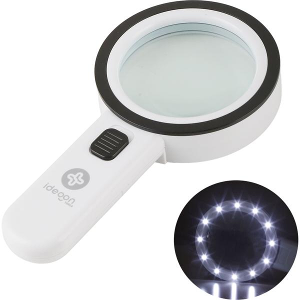 LED handheld magnifier with light, 5x magnification, 80 mm glass lens, 12 bright LEDs, ergonomic handle with switch, reading magnifier for seniors