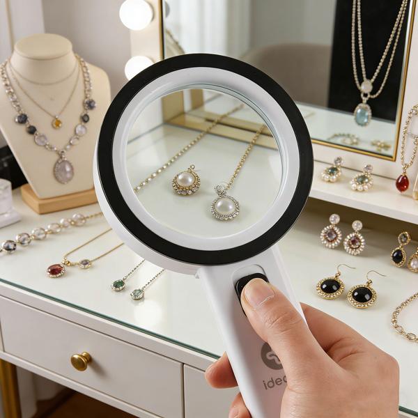 LED handheld magnifier with light, 5x magnification, 80 mm glass lens, 12 bright LEDs, ergonomic handle with switch, reading magnifier for seniors