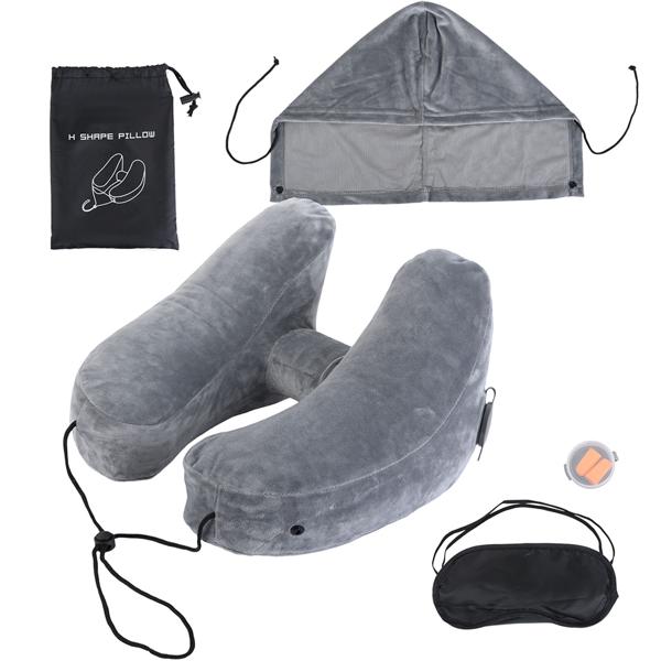 Comodo cuscino da viaggio gonfiabile forma H con cappuccio, set cuscino cervicale incl. mascherina per gli occhi e tappi per le orecchie, ideale per aereo e auto, grigio, 35x32 cm