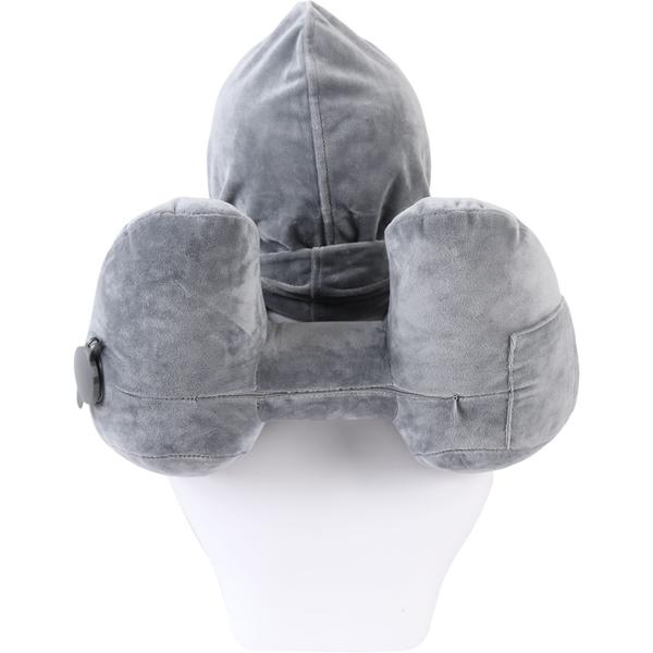 Comodo cuscino da viaggio gonfiabile forma H con cappuccio, set cuscino cervicale incl. mascherina per gli occhi e tappi per le orecchie, ideale per aereo e auto, grigio, 35x32 cm