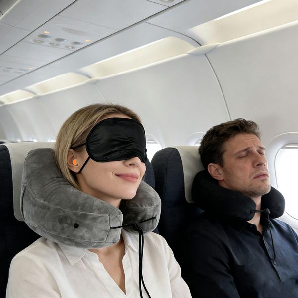 Comodo cuscino da viaggio gonfiabile forma H con cappuccio, set cuscino cervicale incl. mascherina per gli occhi e tappi per le orecchie, ideale per aereo e auto, grigio, 35x32 cm