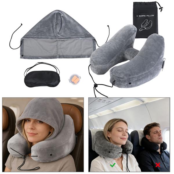 Comodo cuscino da viaggio gonfiabile forma H con cappuccio, set cuscino cervicale incl. mascherina per gli occhi e tappi per le orecchie, ideale per aereo e auto, grigio, 35x32 cm