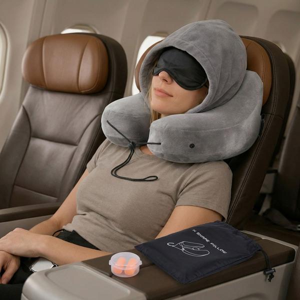 Comodo cuscino da viaggio gonfiabile forma H con cappuccio, set cuscino cervicale incl. mascherina per gli occhi e tappi per le orecchie, ideale per aereo e auto, grigio, 35x32 cm