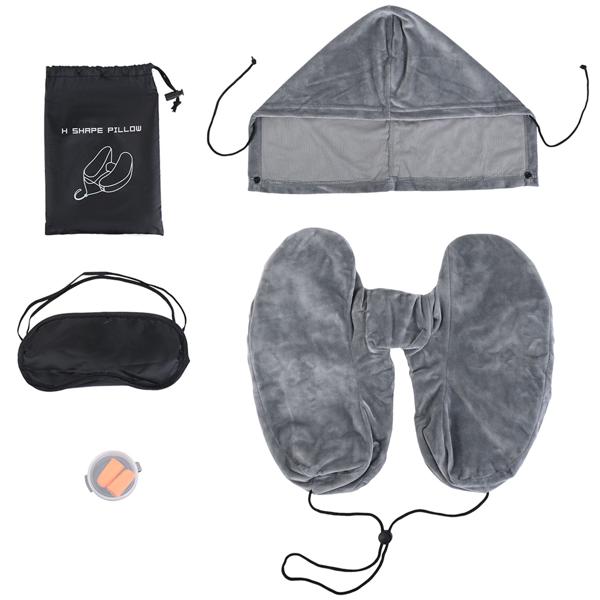 Comodo cuscino da viaggio gonfiabile forma H con cappuccio, set cuscino cervicale incl. mascherina per gli occhi e tappi per le orecchie, ideale per aereo e auto, grigio, 35x32 cm
