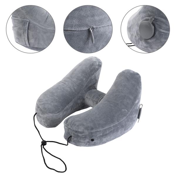 Comodo cuscino da viaggio gonfiabile forma H con cappuccio, set cuscino cervicale incl. mascherina per gli occhi e tappi per le orecchie, ideale per aereo e auto, grigio, 35x32 cm