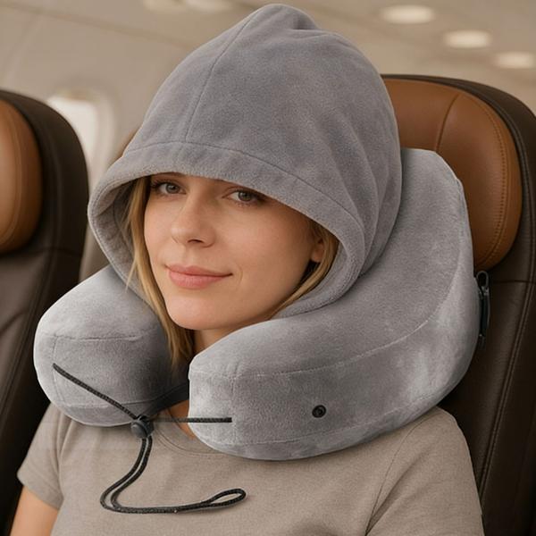 Comodo cuscino da viaggio gonfiabile forma H con cappuccio, set cuscino cervicale incl. mascherina per gli occhi e tappi per le orecchie, ideale per aereo e auto, grigio, 35x32 cm