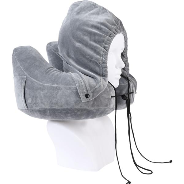 Comodo cuscino da viaggio gonfiabile forma H con cappuccio, set cuscino cervicale incl. mascherina per gli occhi e tappi per le orecchie, ideale per aereo e auto, grigio, 35x32 cm