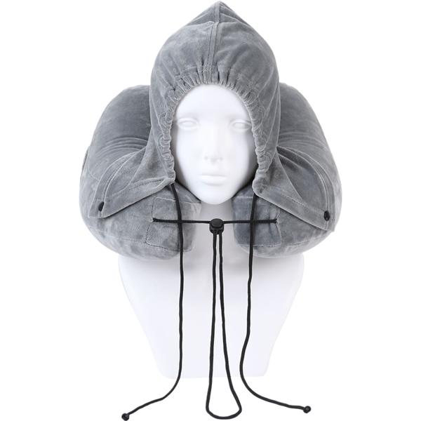 Comodo cuscino da viaggio gonfiabile forma H con cappuccio, set cuscino cervicale incl. mascherina per gli occhi e tappi per le orecchie, ideale per aereo e auto, grigio, 35x32 cm
