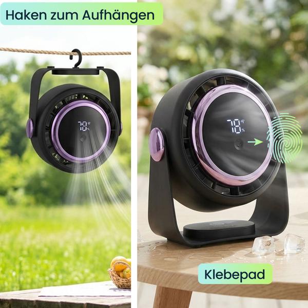 Akku Ventilator mit Digitalanzeige: Tischventilator, 5 Stufen, USB-C, tragbares Gebläse mit Haken - ideal für Home Office, Büro, Camping & Reisen