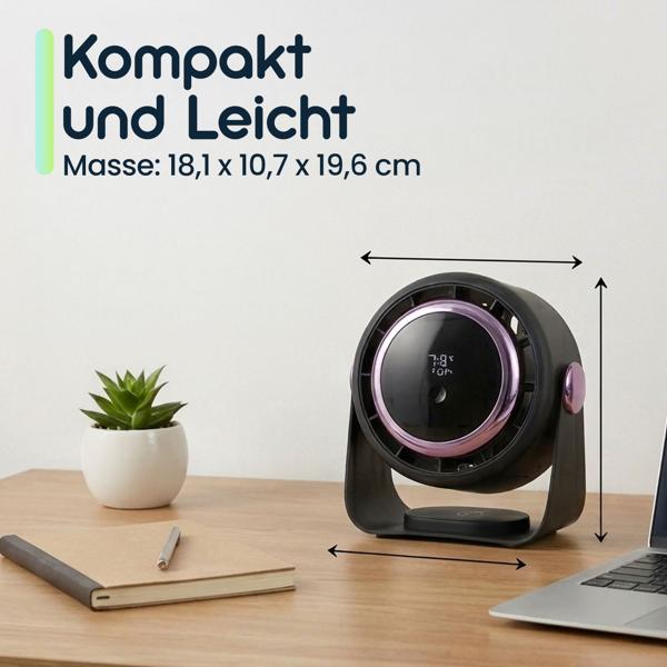 Akku Ventilator mit Digitalanzeige: Tischventilator, 5 Stufen, USB-C, tragbares Gebläse mit Haken - ideal für Home Office, Büro, Camping & Reisen