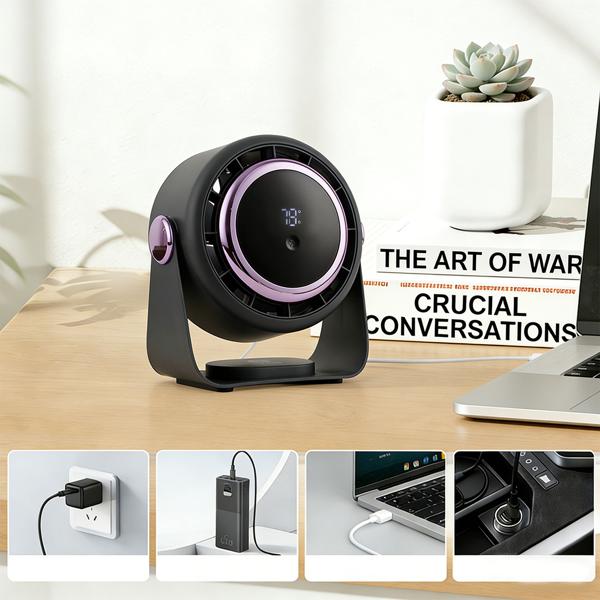 Lot de 2 ventilateurs à batterie avec affichage numérique : ventilateur de table, 5 vitesses, USB‑C, ventilateur portable avec crochet – idéal pour le bureau, le camping et les voyages