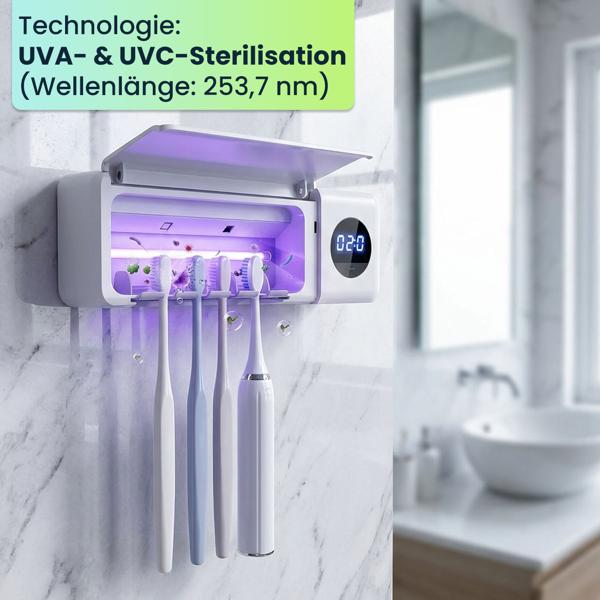 UV Zahnbürstenhalter: Hygienischer Sterilisator für 4 Bürsten, Wandmontage ohne Bohren, USB-Akku, LCD & Trocknung, weiss, 22cm