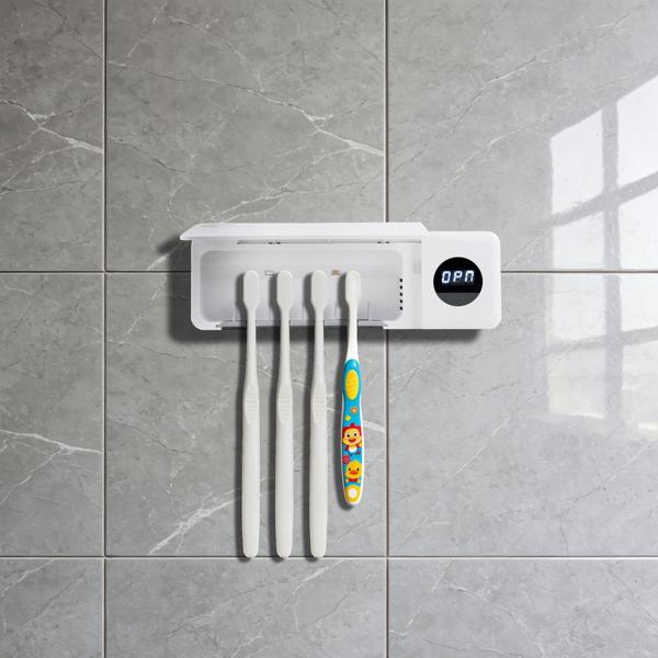 UV Zahnbürstenhalter: Hygienischer Sterilisator für 4 Bürsten, Wandmontage ohne Bohren, USB-Akku, LCD & Trocknung, weiss, 22cm