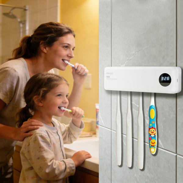 UV Zahnbürstenhalter: Hygienischer Sterilisator für 4 Bürsten, Wandmontage ohne Bohren, USB-Akku, LCD & Trocknung, weiss, 22cm