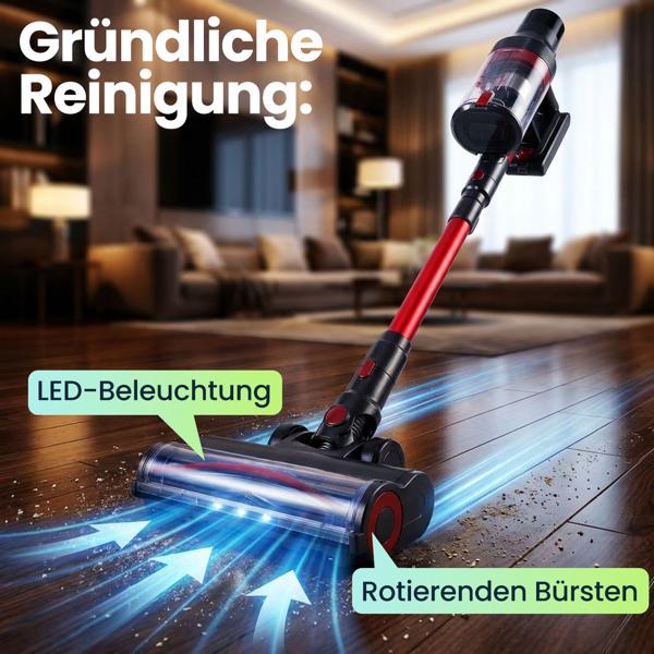 Zyklon Akku Boden-Staubsauger 27 kPa, 430W kabelloser Handstaubsauger mit HEPA Filter, LED Beleuchtung, Teleskoprohr und 4 Saugstufen, 0,7L Staubbehälter