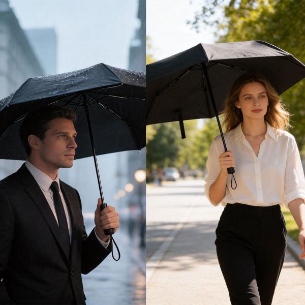 Compact automatic umbrella in black – Ø 95 cm – Wind-resistant pocket umbrella with fibreglass ribs & protective sleeve – Quick-drying & durable