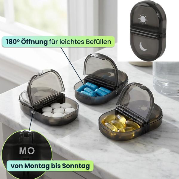 Medikamentenbox 7 Tage - Pillendose 7 Tage 2 Fächer Morgens Abends - Tablettenbox für eine Woche - Wochendosierer Medikamente - LFGB geprüft - Kompakt