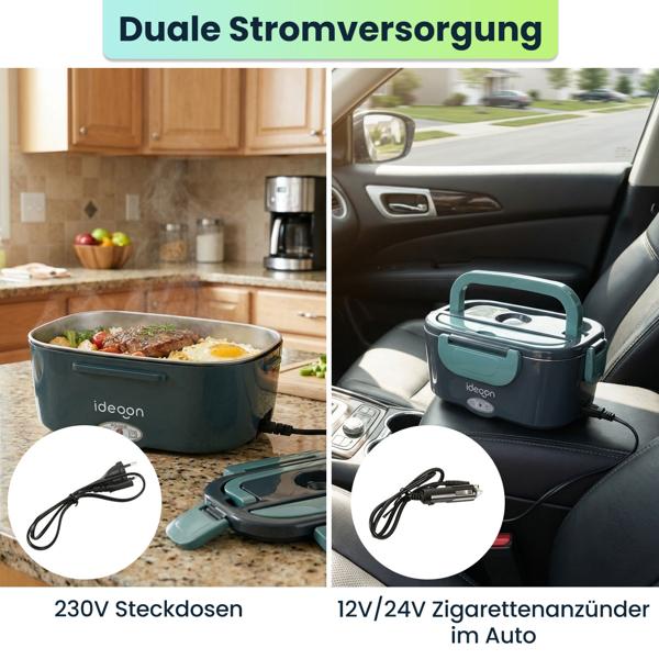 Elektrische Lunchbox 60W – 1,5L Edelstahl Speisenwärmer (12V/24V) & Steckdose – Inkl. Isoliertasche, Edelstahl-Besteck & 375ml Zusatzdose
