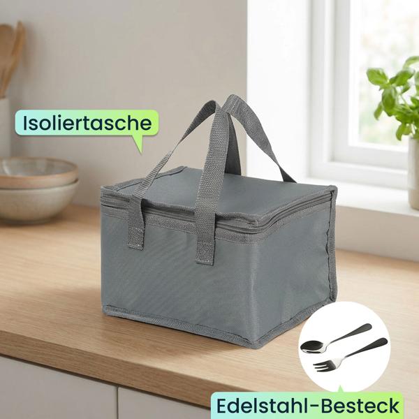 Elektrische Lunchbox 60W – 1,5L Edelstahl Speisenwärmer (12V/24V) & Steckdose – Inkl. Isoliertasche, Edelstahl-Besteck & 375ml Zusatzdose