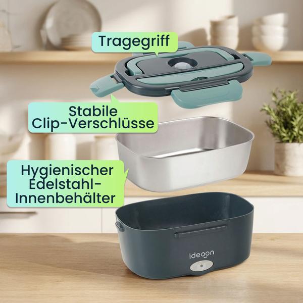 Elektrische Lunchbox 60W – 1,5L Edelstahl Speisenwärmer (12V/24V) & Steckdose – Inkl. Isoliertasche, Edelstahl-Besteck & 375ml Zusatzdose