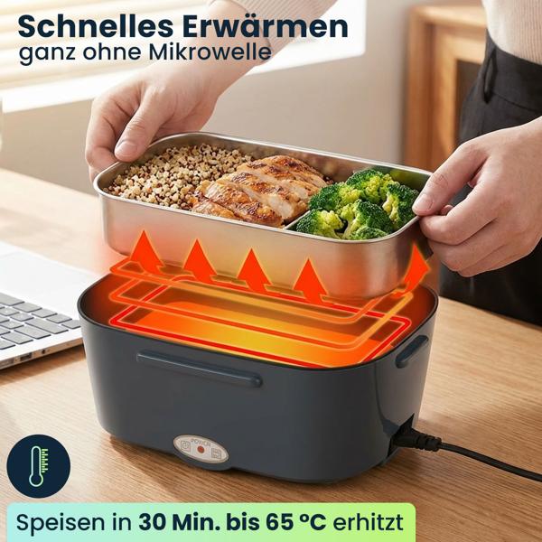 Elektrische Lunchbox 60W – 1,5L Edelstahl Speisenwärmer (12V/24V) & Steckdose – Inkl. Isoliertasche, Edelstahl-Besteck & 375ml Zusatzdose