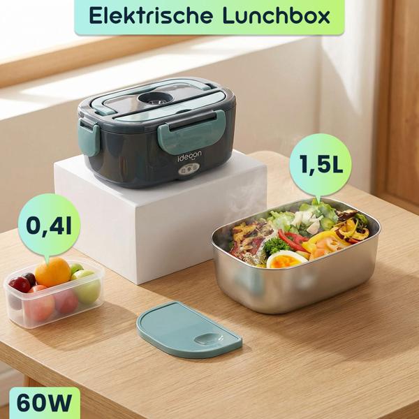 Elektrische Lunchbox 60W – 1,5L Edelstahl Speisenwärmer (12V/24V) & Steckdose – Inkl. Isoliertasche, Edelstahl-Besteck & 375ml Zusatzdose