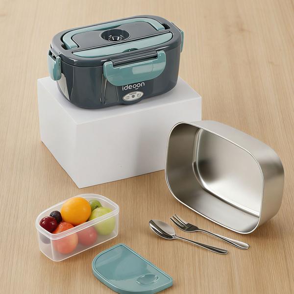 Lunch box électrique 60W – chauffe-plats en acier inoxydable 1,5L (12V/24V) & prise secteur – incl. sac isotherme, couverts en acier inoxydable & boîte supplémentaire 375ml